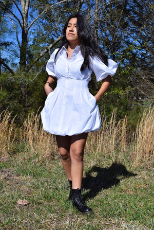 White Button Up Puff Sleeve Dress ...